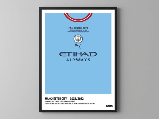 Manchester City 22/23 Iconic Treble Season Front Kit ( Framed Poster )